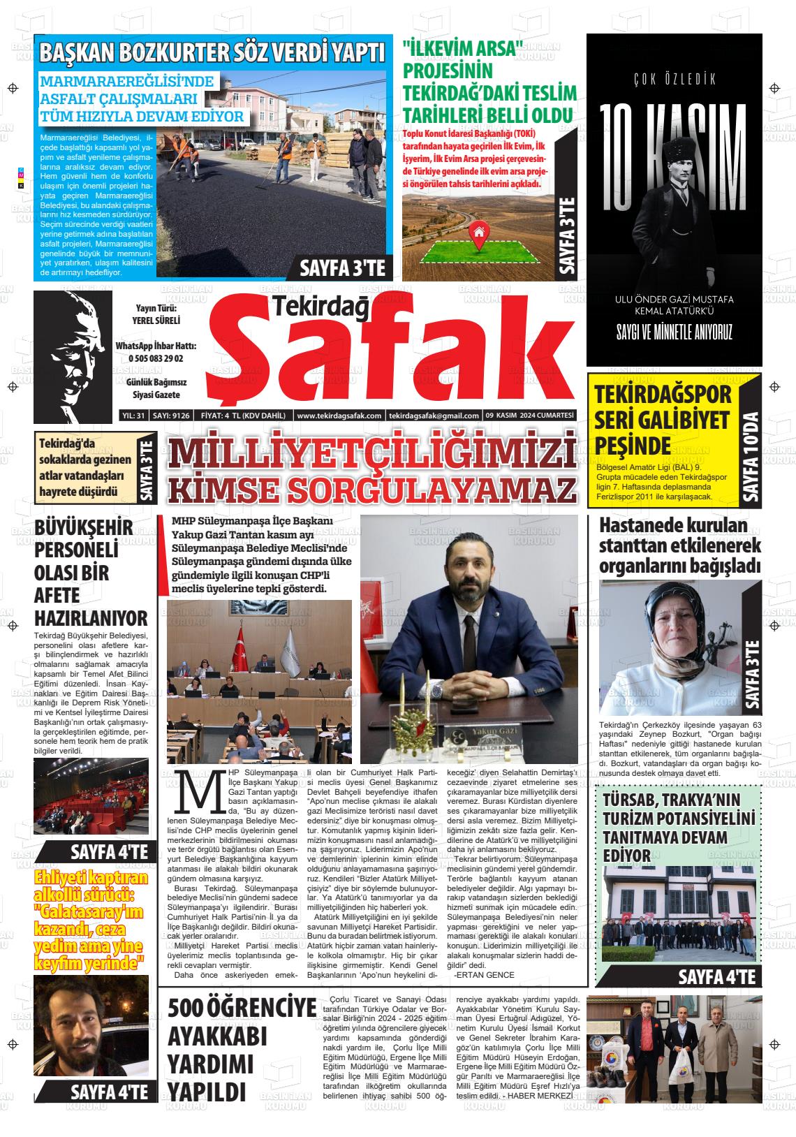 09 Kasım 2024 Tekirdağ Şafak Gazete Manşeti