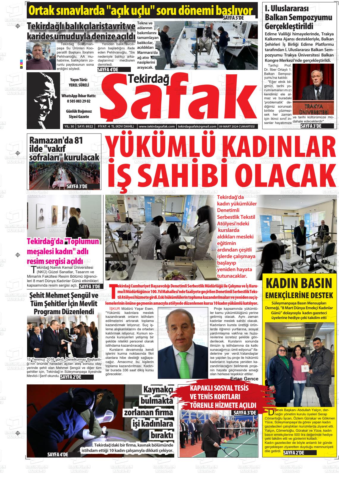 09 Mart 2024 Tekirdağ Şafak Gazete Manşeti