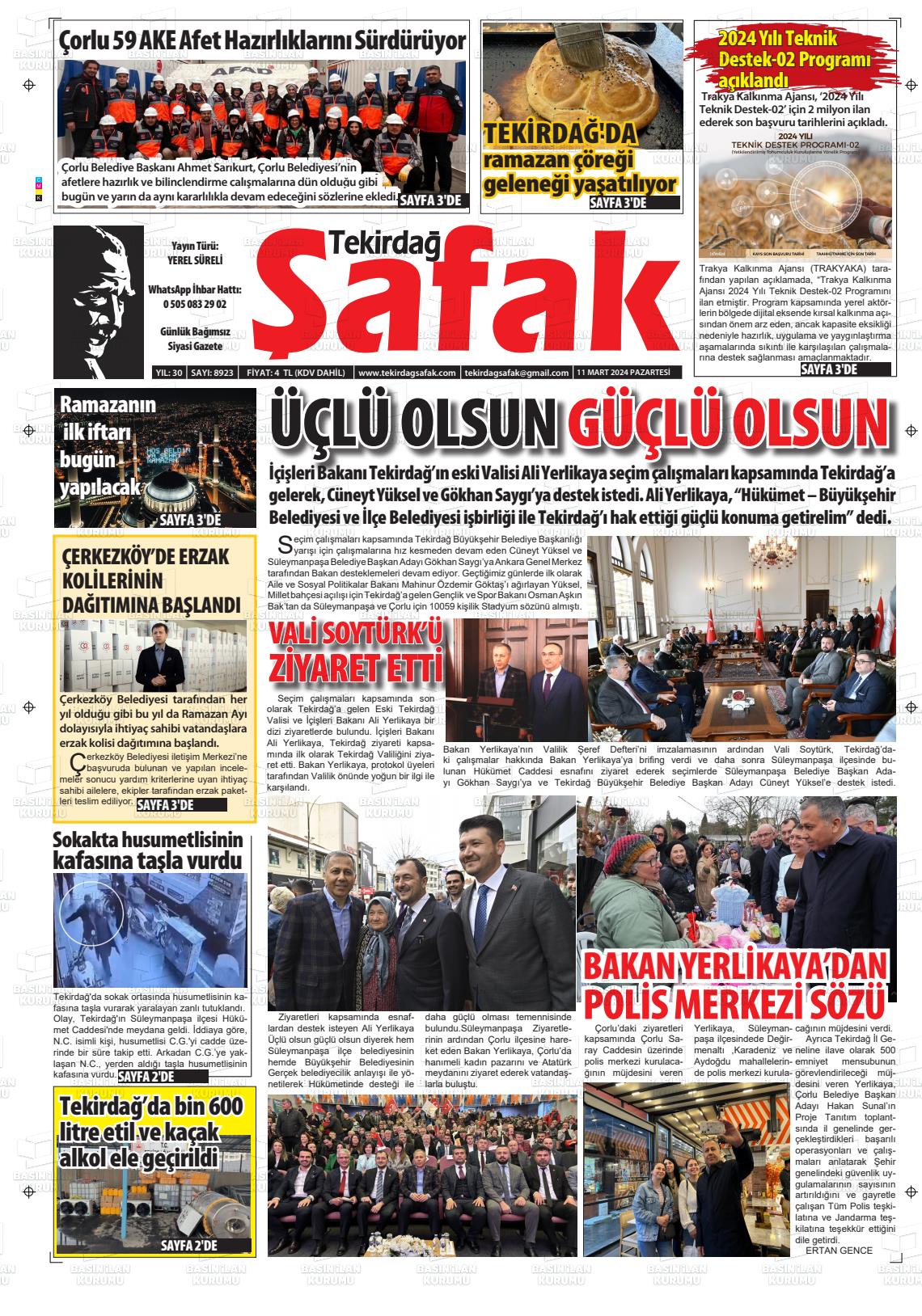 11 Mart 2024 Tekirdağ Şafak Gazete Manşeti