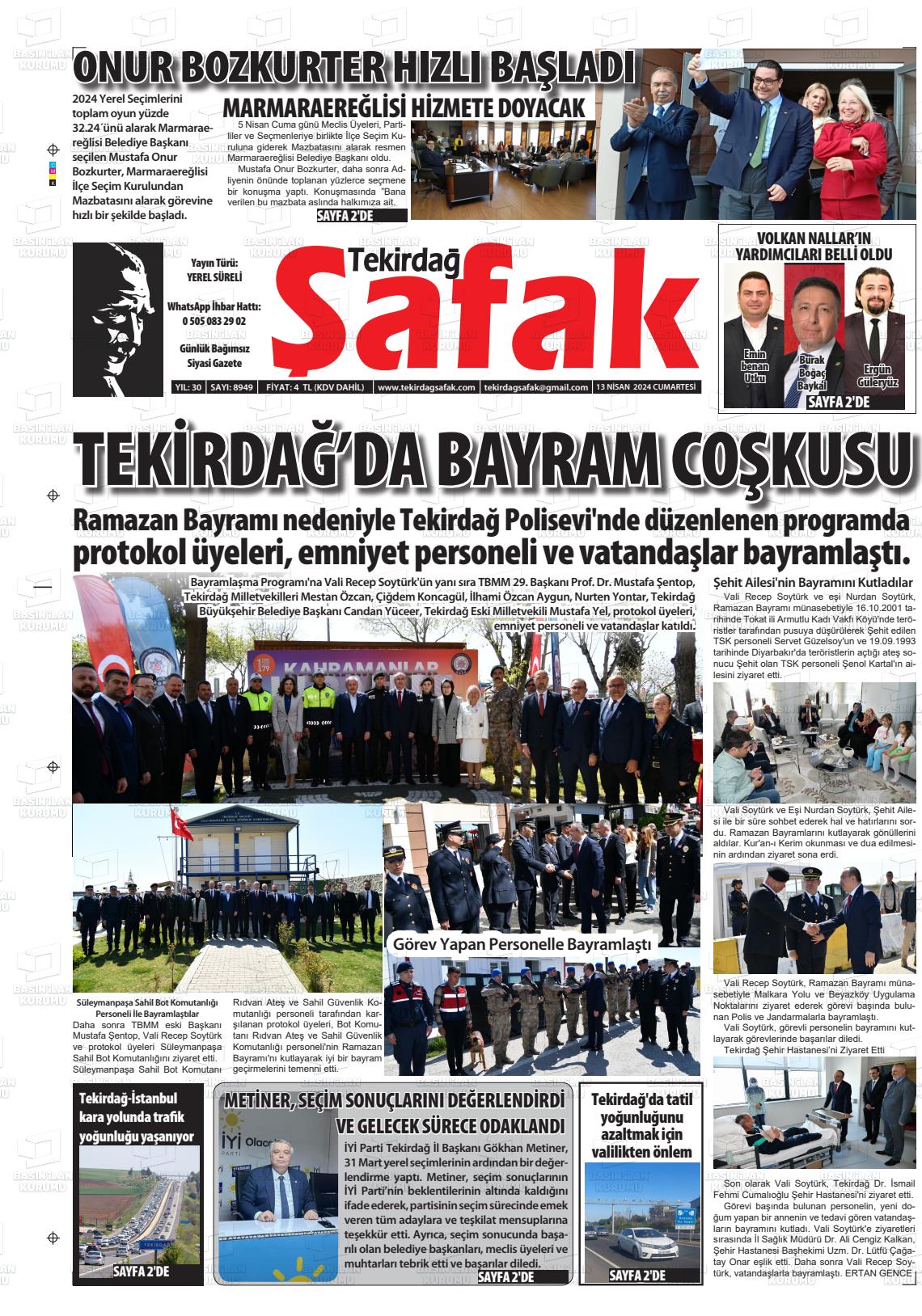 13 Nisan 2024 Tekirdağ Şafak Gazete Manşeti