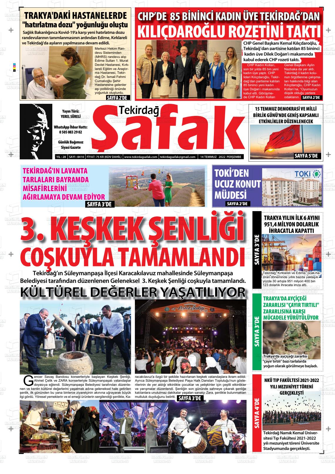 14 Temmuz 2022 Tekirdağ Şafak Gazete Manşeti