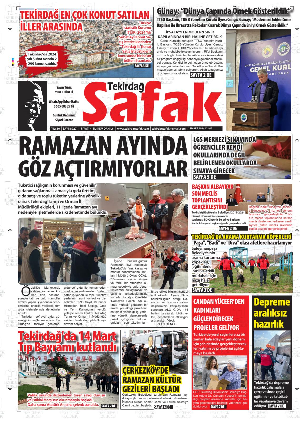 15 Mart 2024 Tekirdağ Şafak Gazete Manşeti