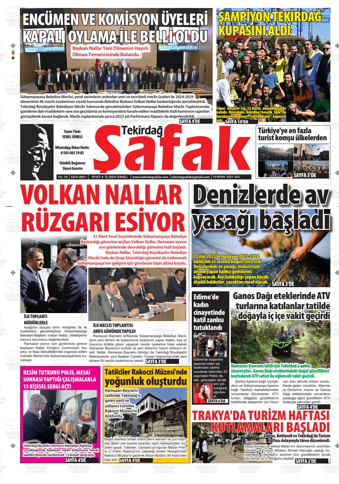 16 Nisan 2024 Tekirdağ Şafak Gazete Manşeti