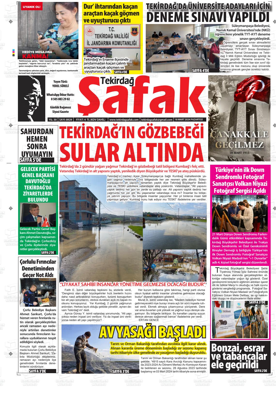 18 Mart 2024 Tekirdağ Şafak Gazete Manşeti