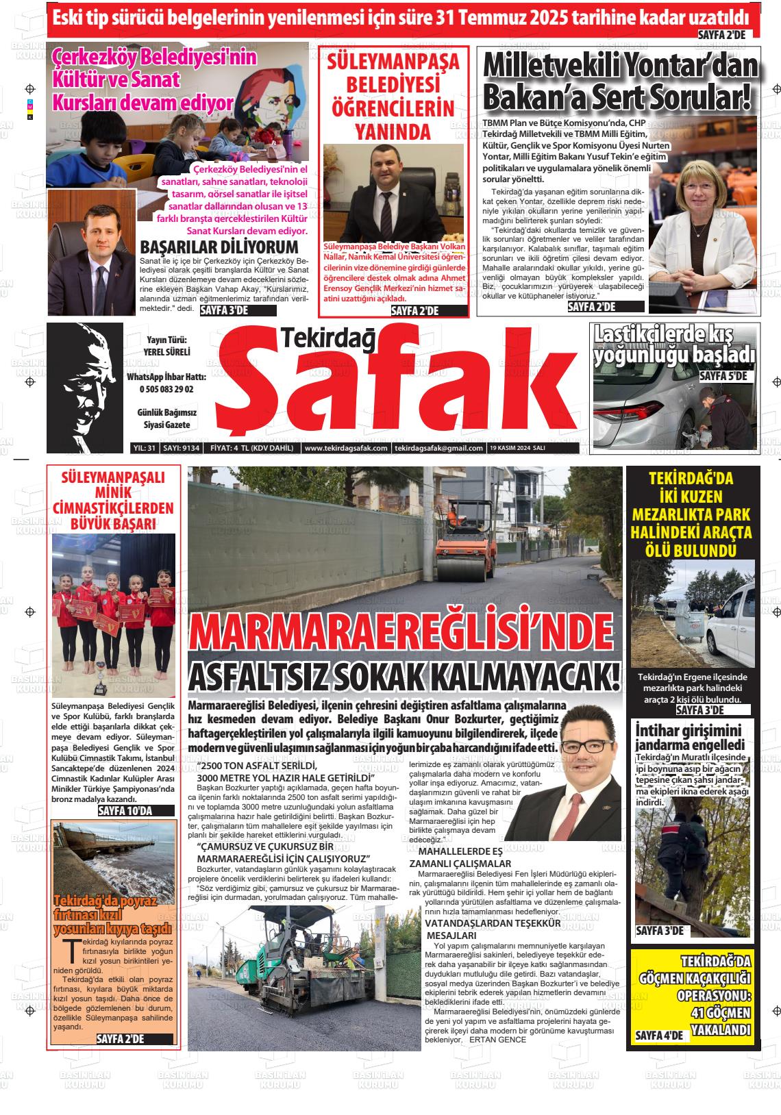 19 Kasım 2024 Tekirdağ Şafak Gazete Manşeti