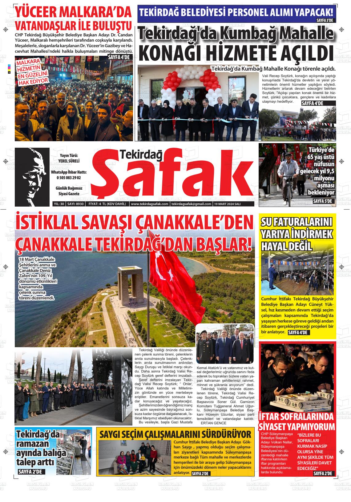 19 Mart 2024 Tekirdağ Şafak Gazete Manşeti