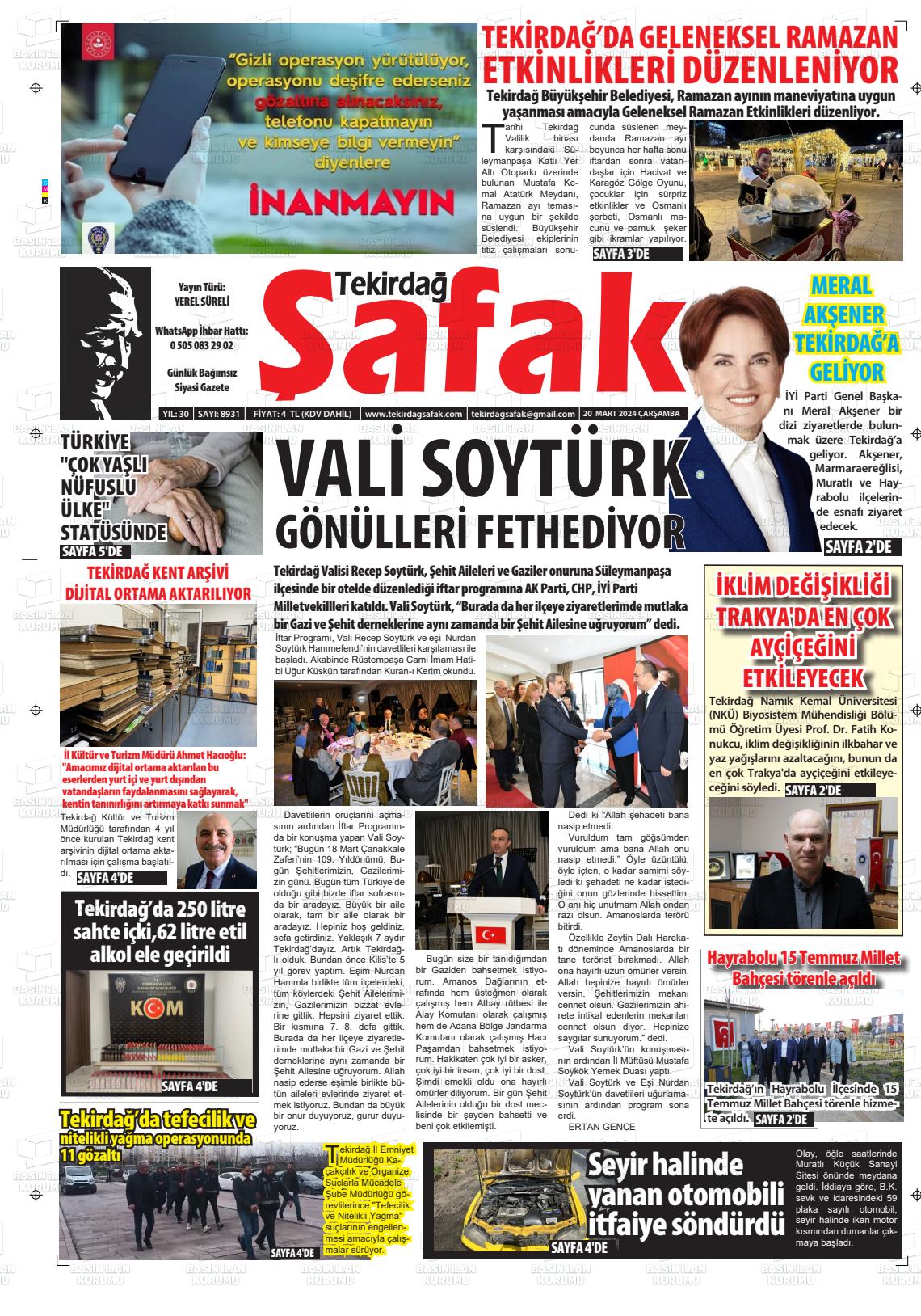 20 Mart 2024 Tekirdağ Şafak Gazete Manşeti