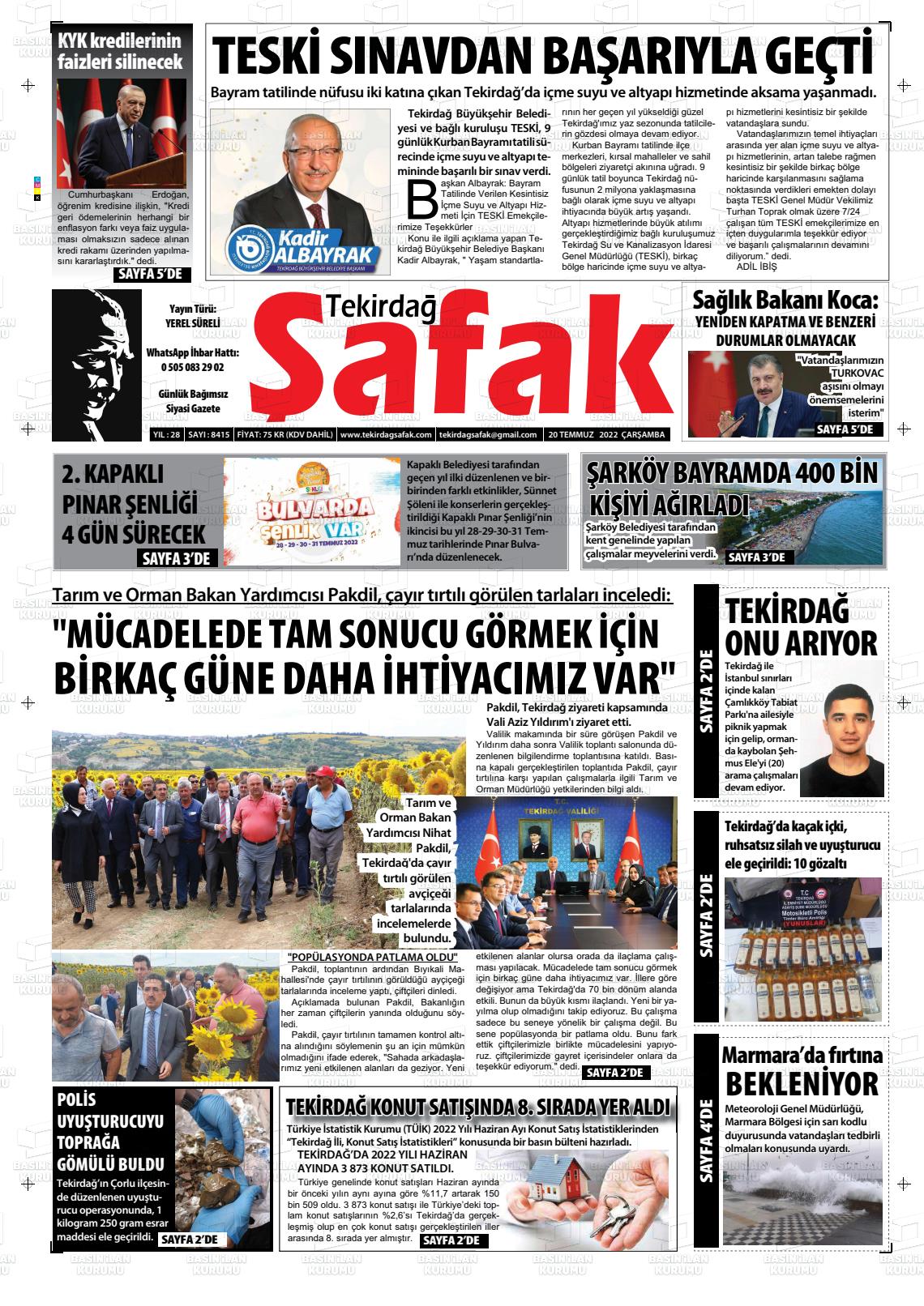 20 Temmuz 2022 Tekirdağ Şafak Gazete Manşeti