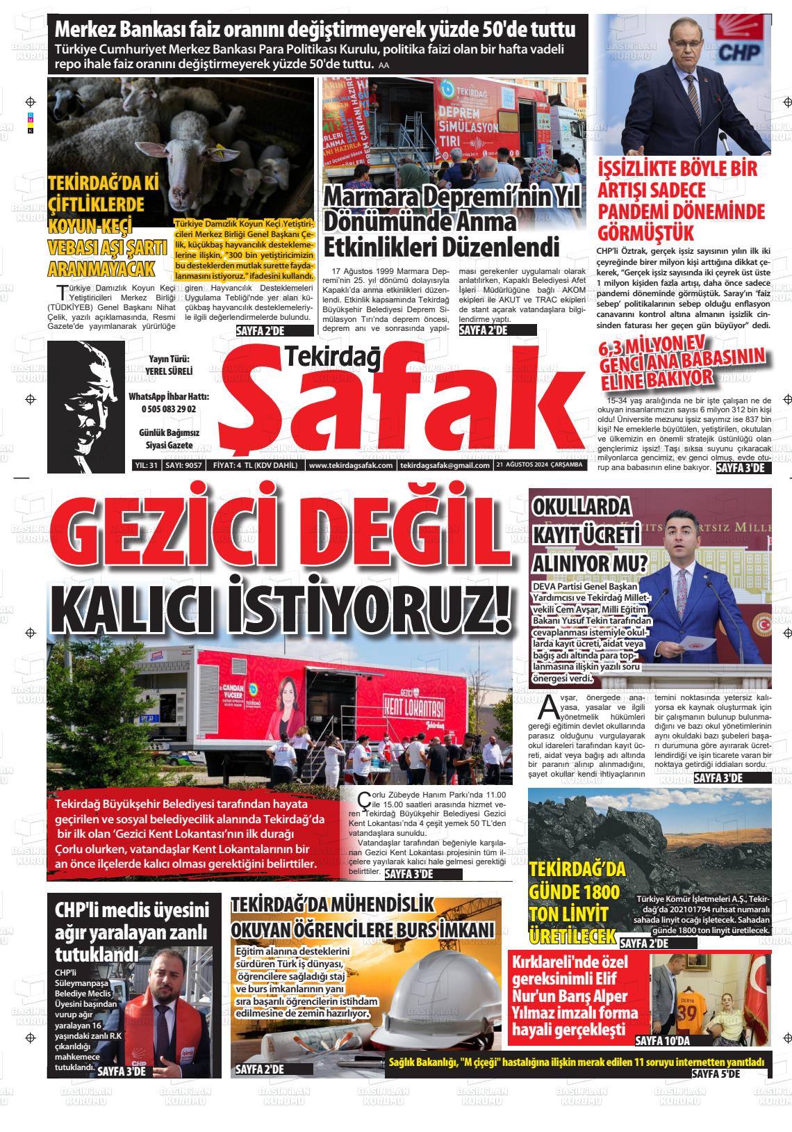 21 Ağustos 2024 Tekirdağ Şafak Gazete Manşeti