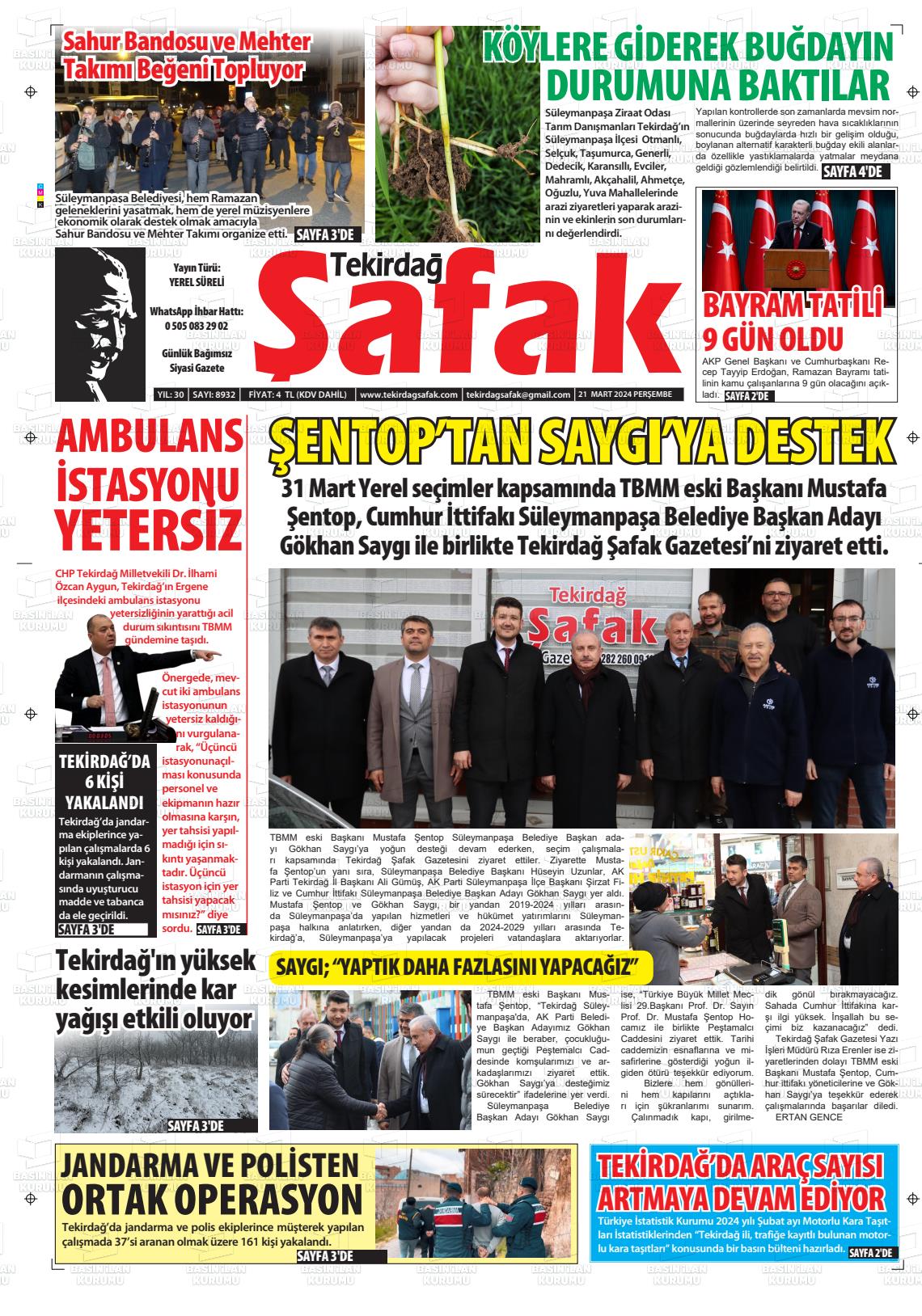 21 Mart 2024 Tekirdağ Şafak Gazete Manşeti