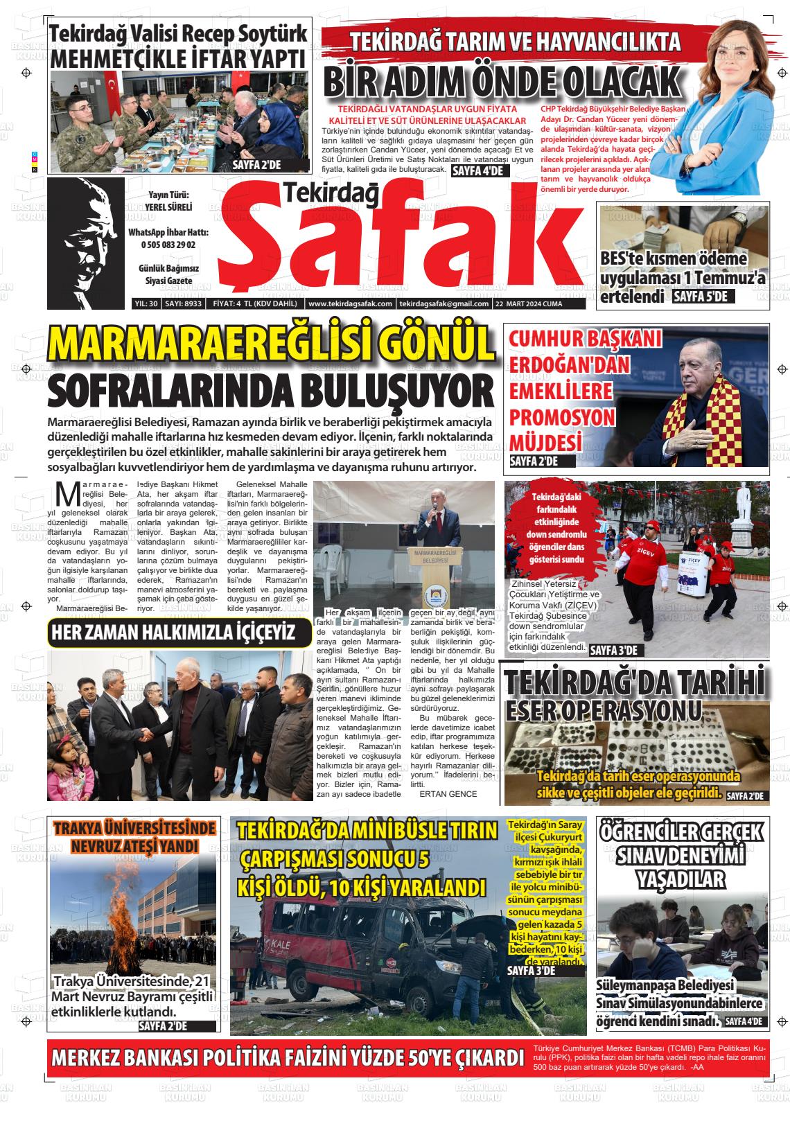 22 Mart 2024 Tekirdağ Şafak Gazete Manşeti