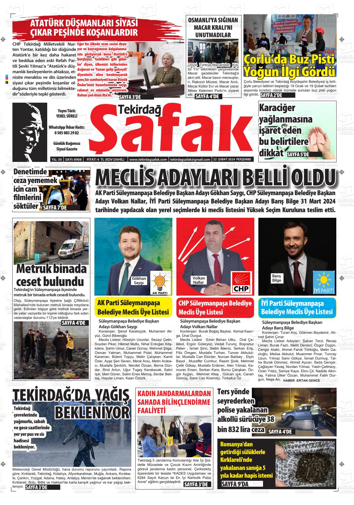 22 Şubat 2024 Tekirdağ Şafak Gazete Manşeti