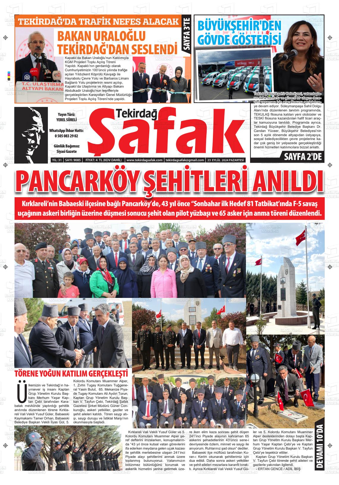 23 Eylül 2024 Tekirdağ Şafak Gazete Manşeti