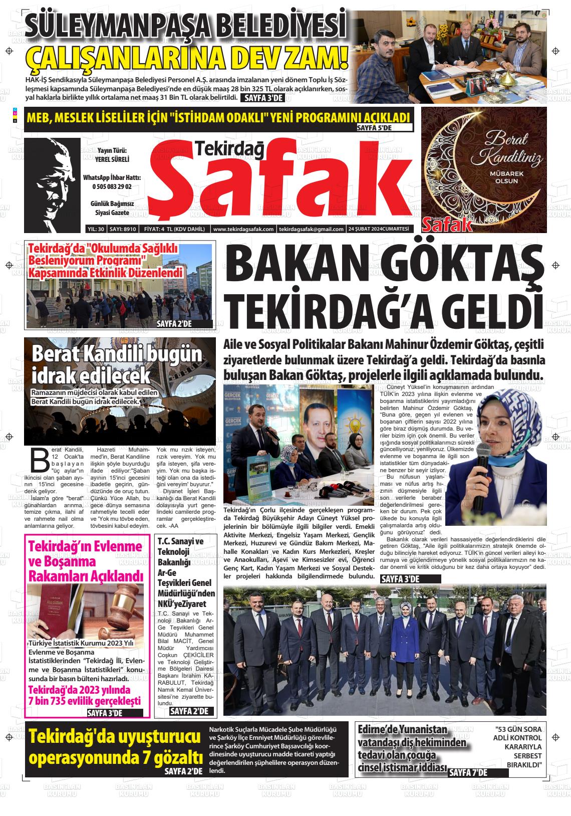 24 Şubat 2024 Tekirdağ Şafak Gazete Manşeti