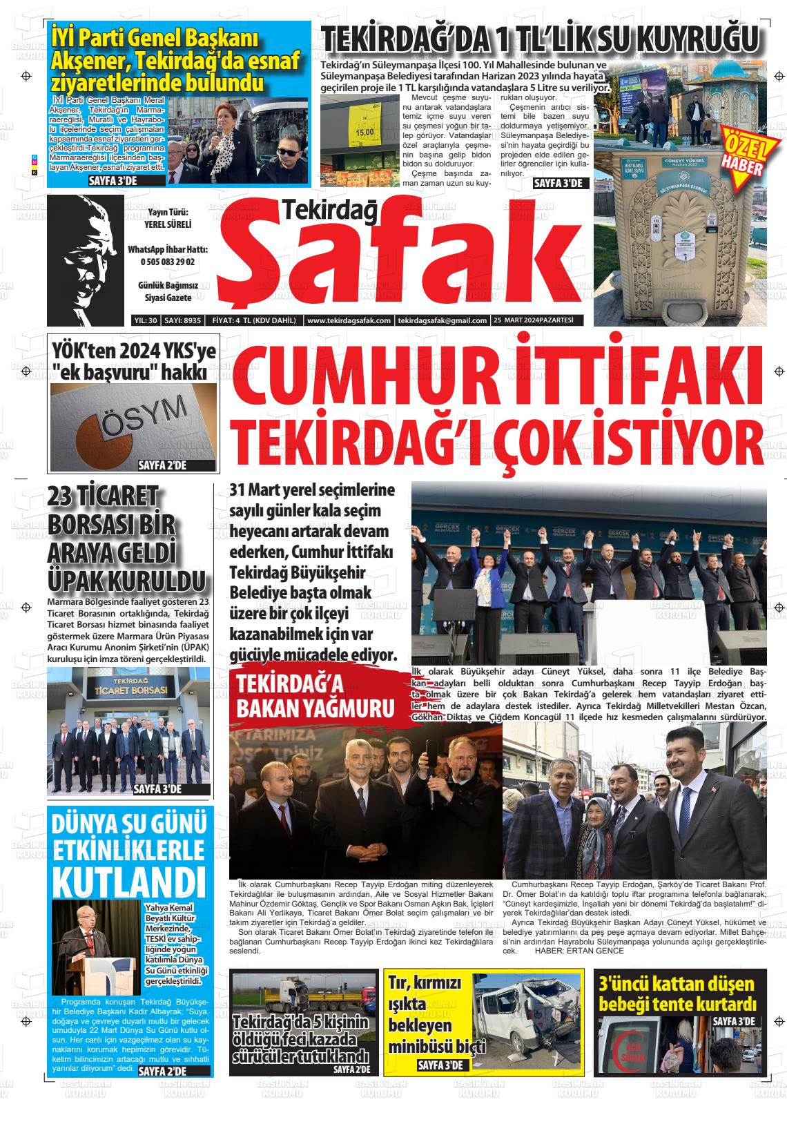 25 Mart 2024 Tekirdağ Şafak Gazete Manşeti