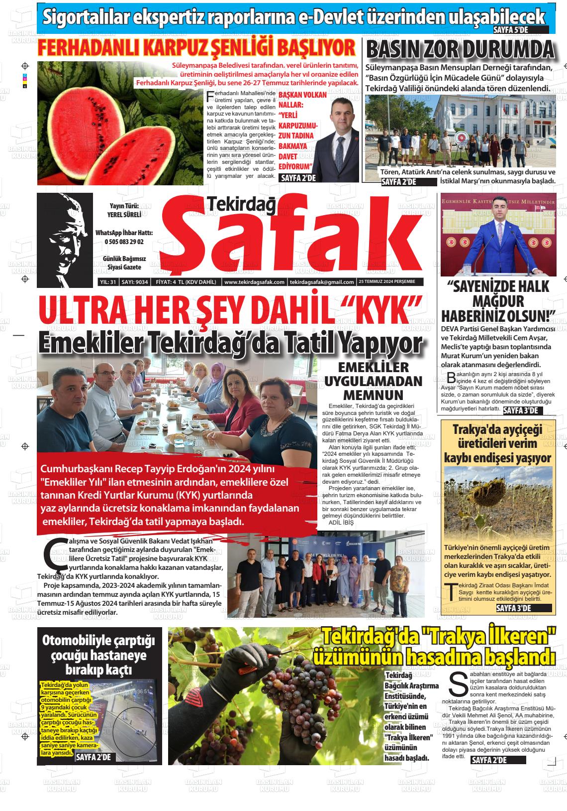 25 Temmuz 2024 Tekirdağ Şafak Gazete Manşeti