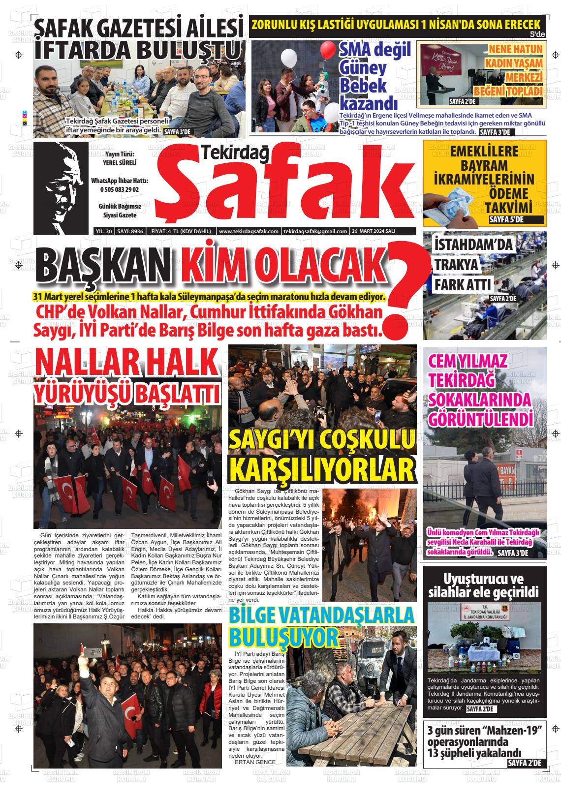 26 Mart 2024 Tekirdağ Şafak Gazete Manşeti