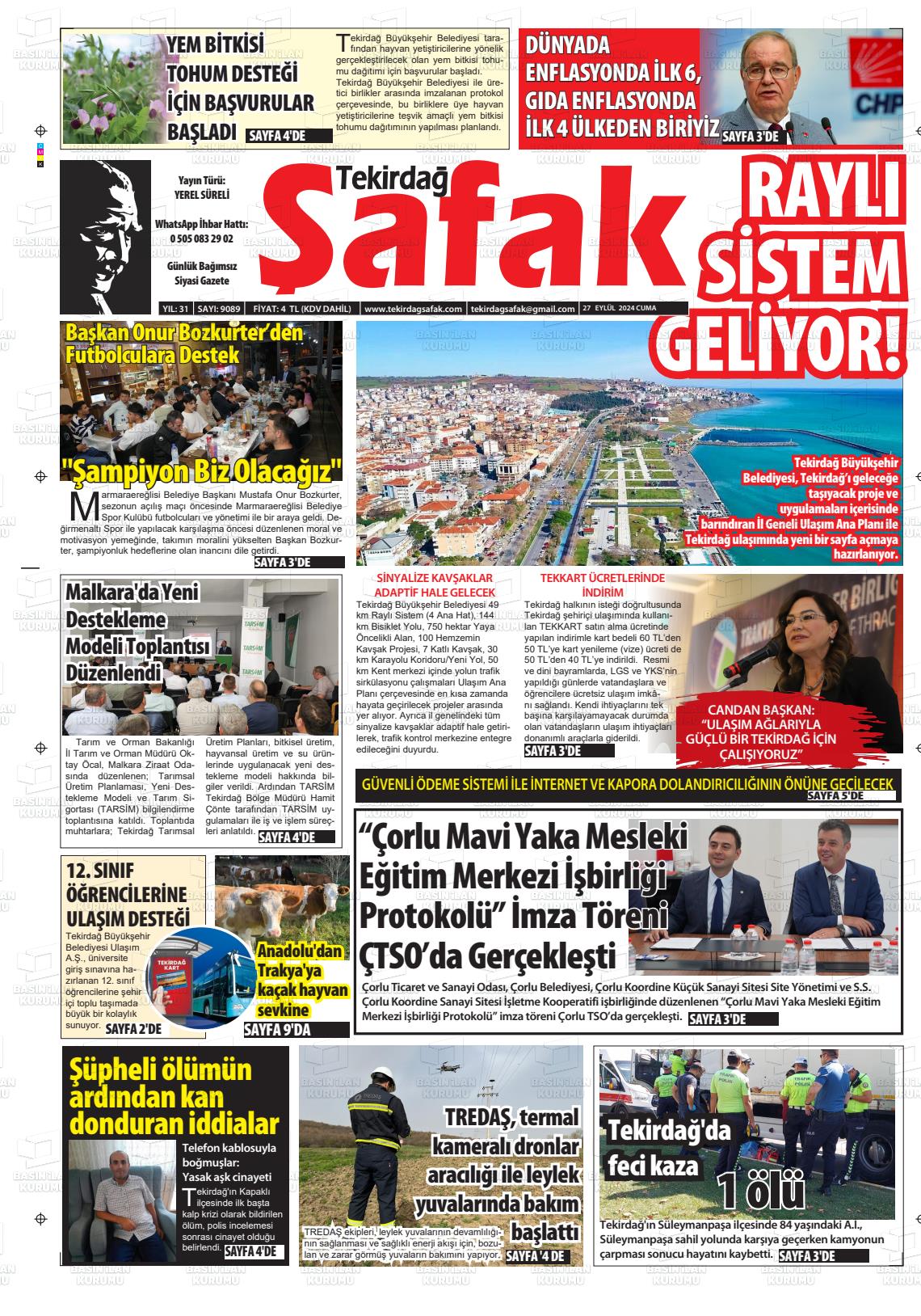 27 Eylül 2024 Tekirdağ Şafak Gazete Manşeti