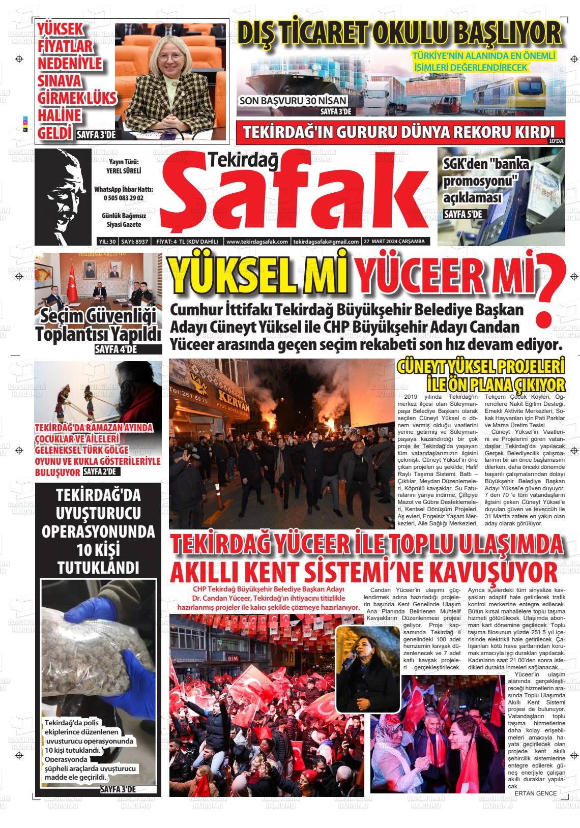 27 Mart 2024 Tekirdağ Şafak Gazete Manşeti