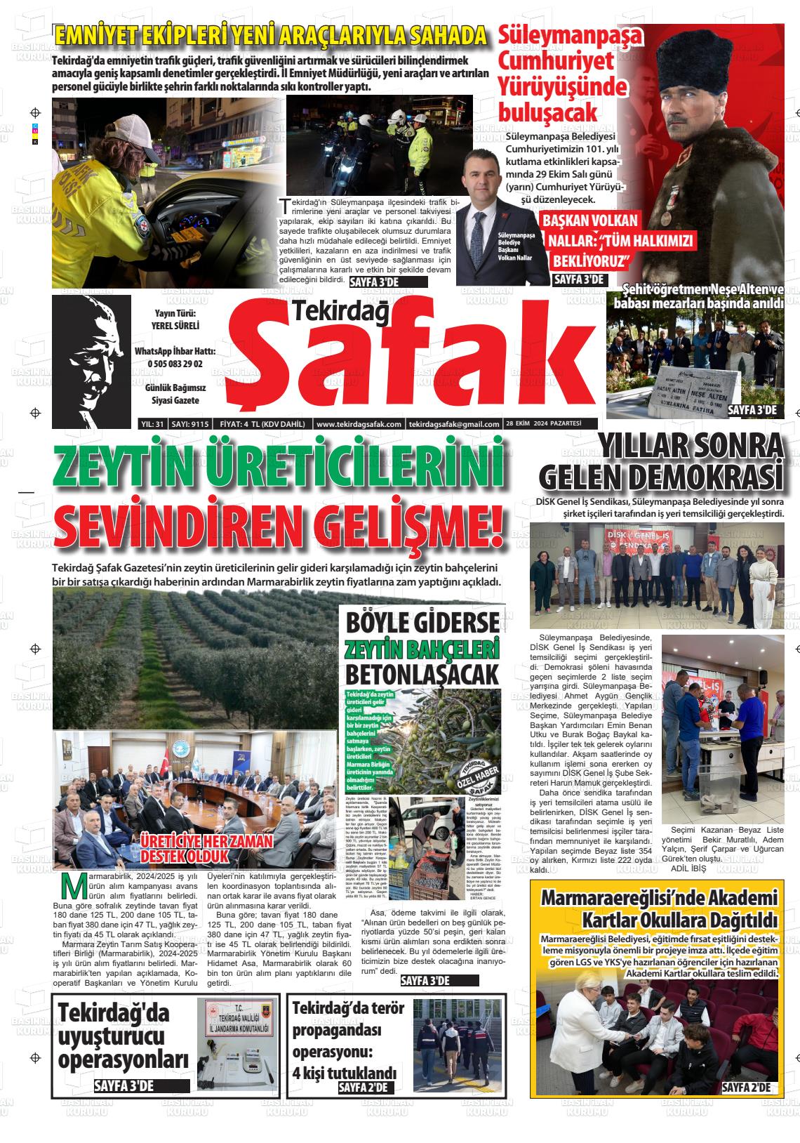 28 Ekim 2024 Tekirdağ Şafak Gazete Manşeti