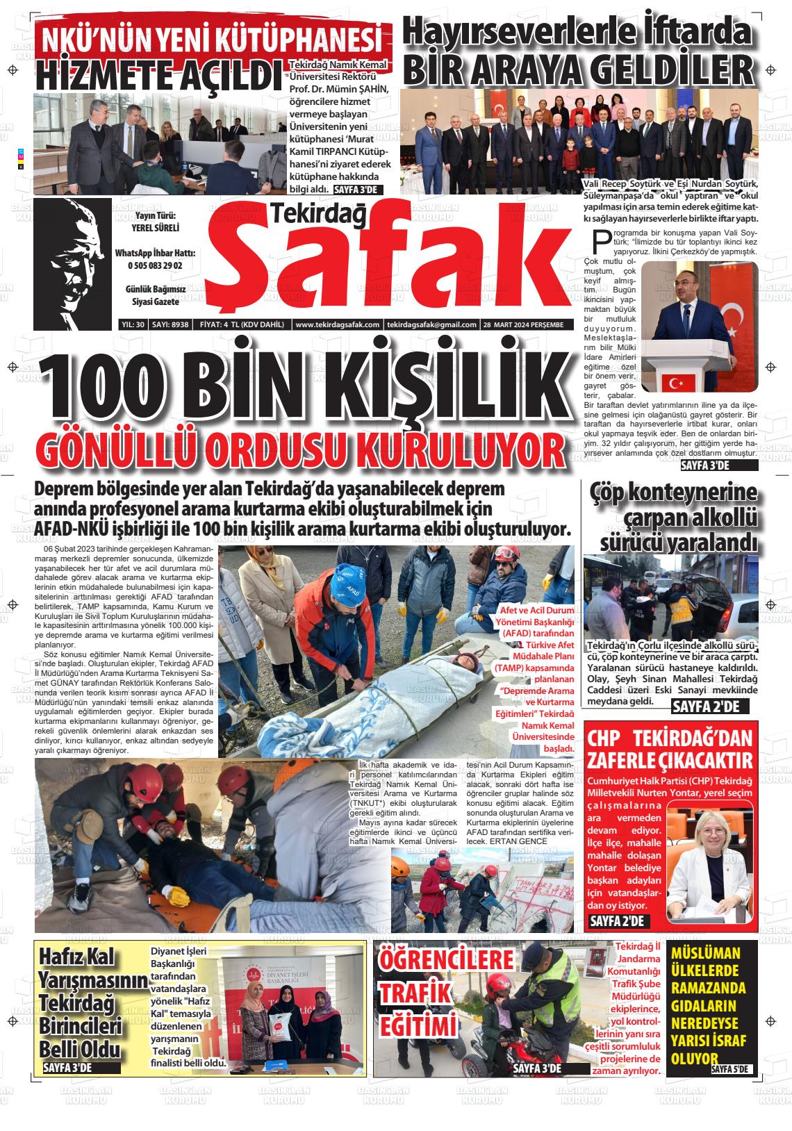 28 Mart 2024 Tekirdağ Şafak Gazete Manşeti