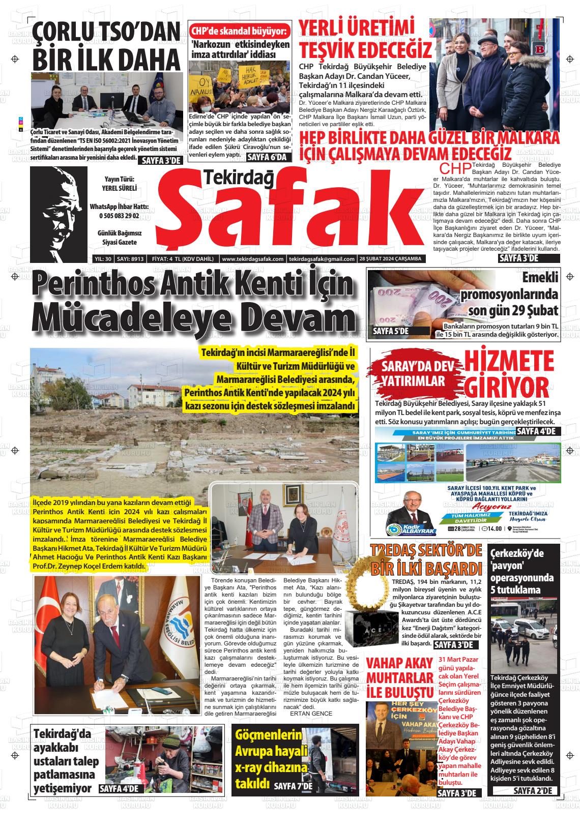 29 Şubat 2024 Tekirdağ Şafak Gazete Manşeti