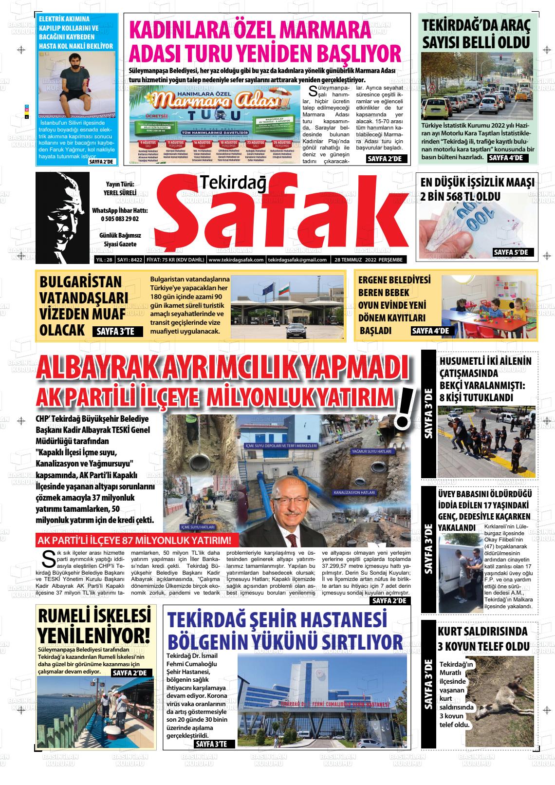 28 Temmuz 2022 Tekirdağ Şafak Gazete Manşeti