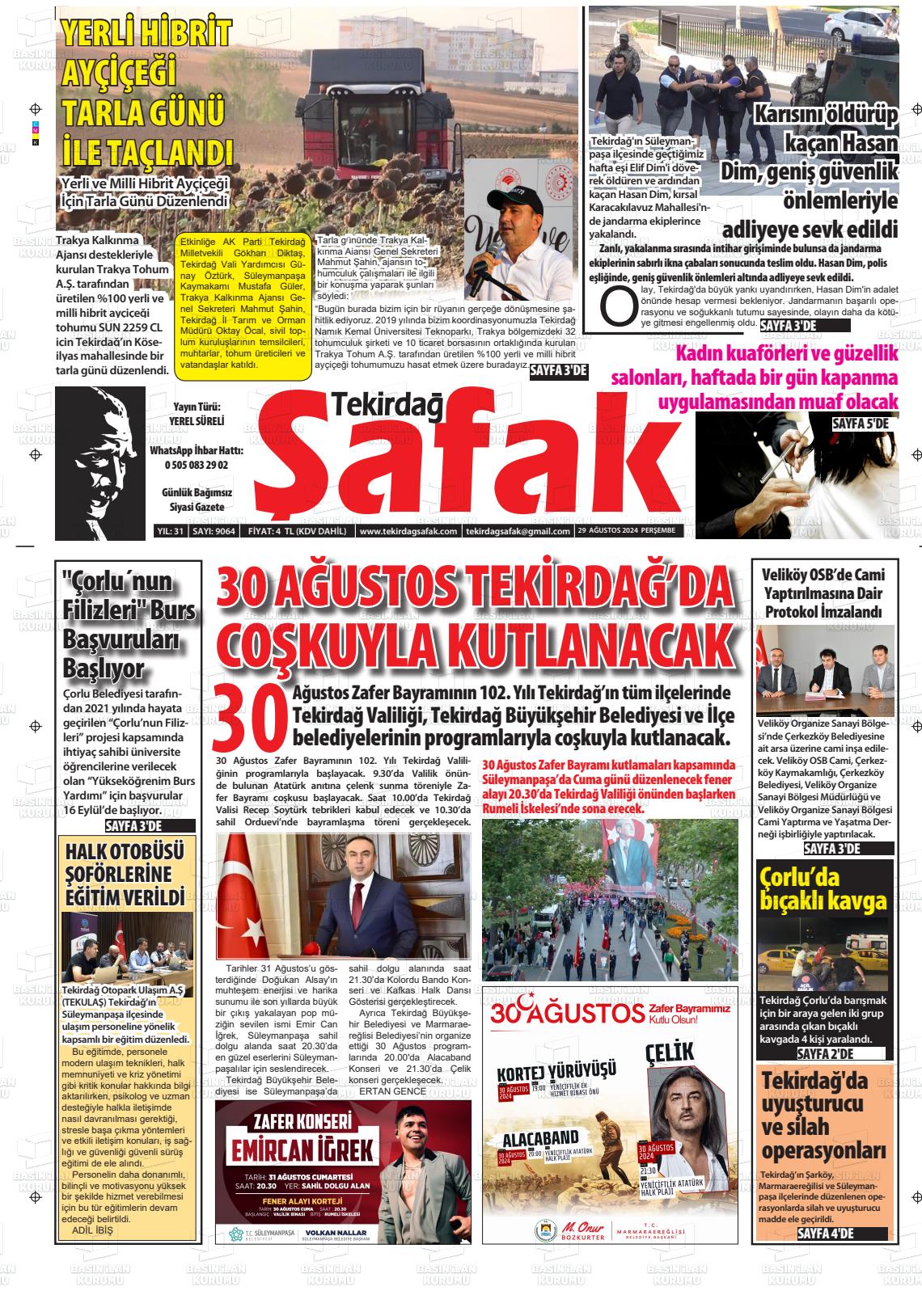 29 Ağustos 2024 Tekirdağ Şafak Gazete Manşeti