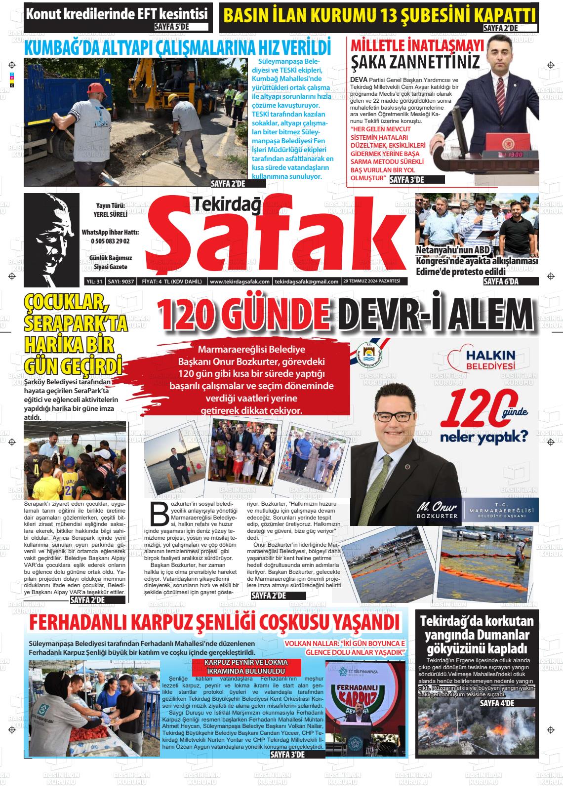 29 Temmuz 2024 Tekirdağ Şafak Gazete Manşeti