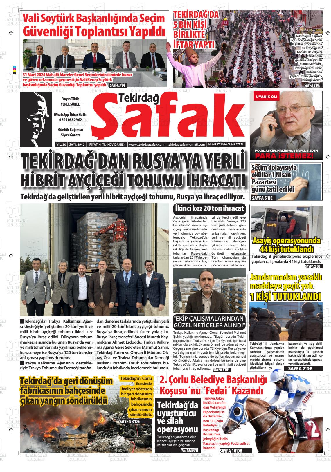 30 Mart 2024 Tekirdağ Şafak Gazete Manşeti