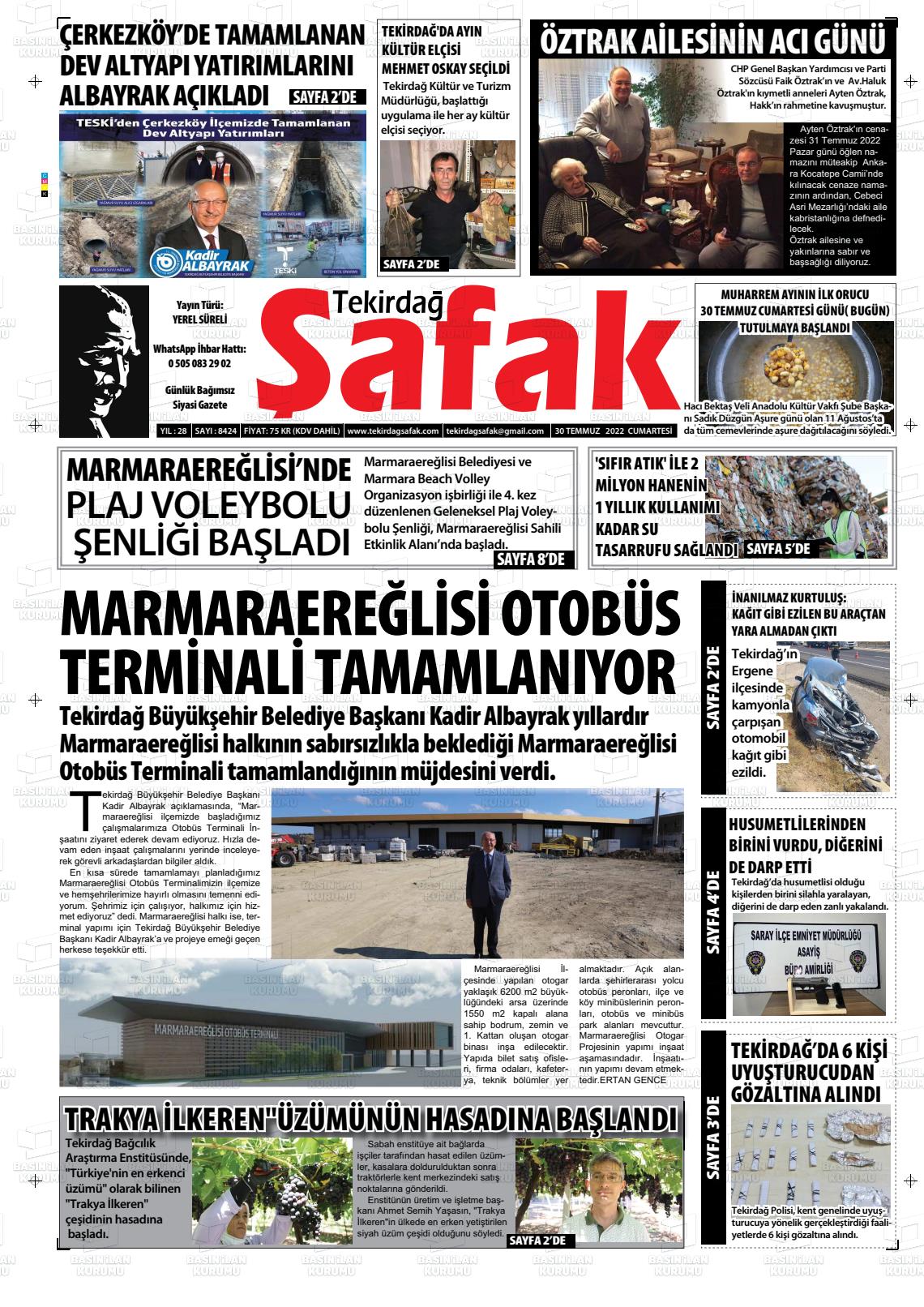 30 Temmuz 2022 Tekirdağ Şafak Gazete Manşeti