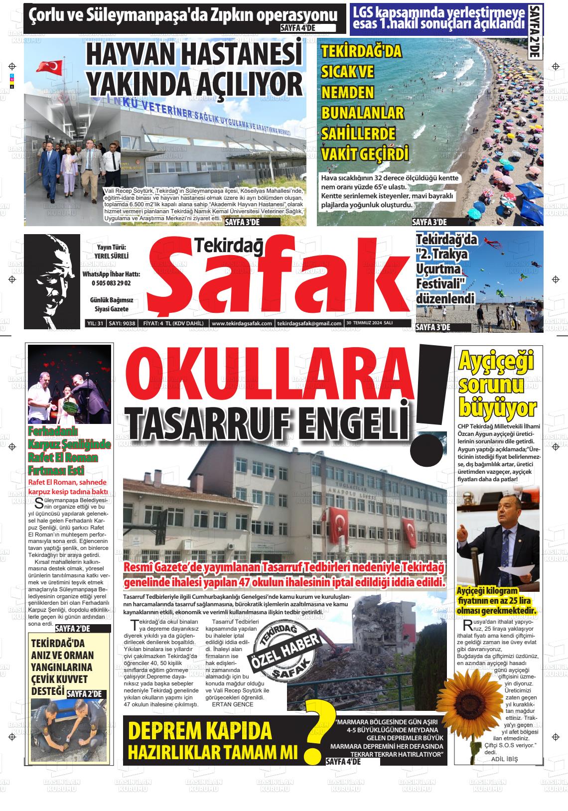 30 Temmuz 2024 Tekirdağ Şafak Gazete Manşeti