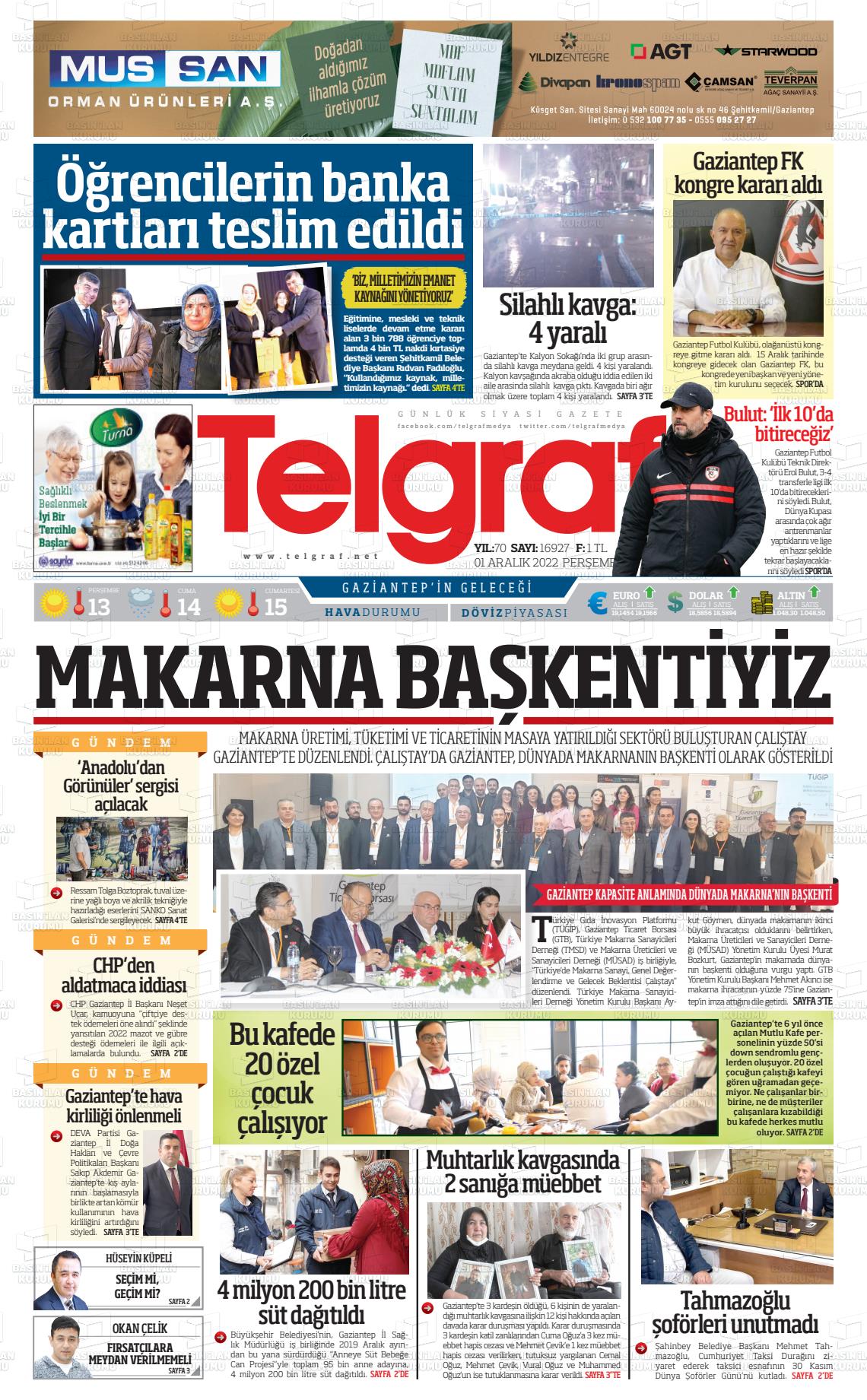 01 Aralık 2022 Telgraf Gazete Manşeti