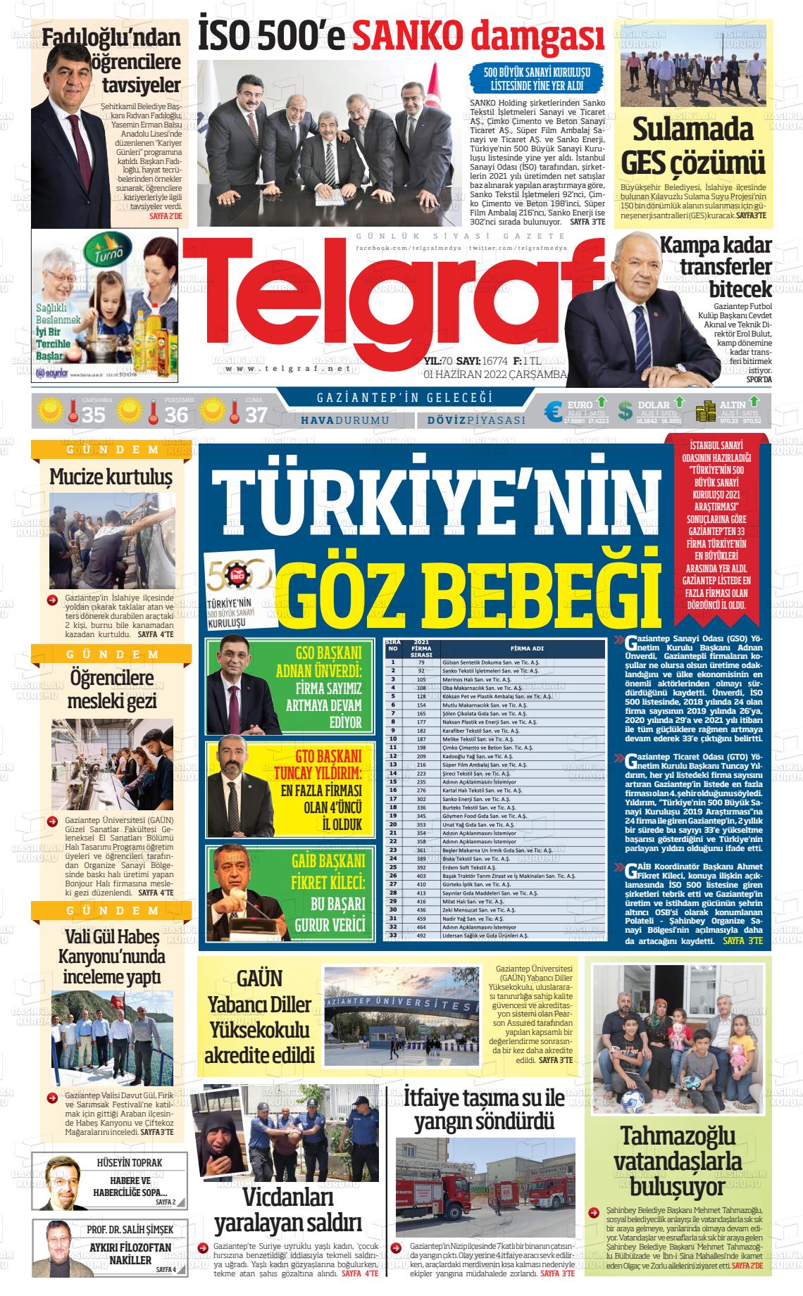 01 Haziran 2022 Telgraf Gazete Manşeti