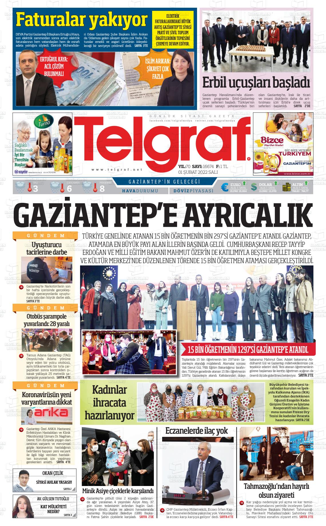 01 Şubat 2022 Telgraf Gazete Manşeti