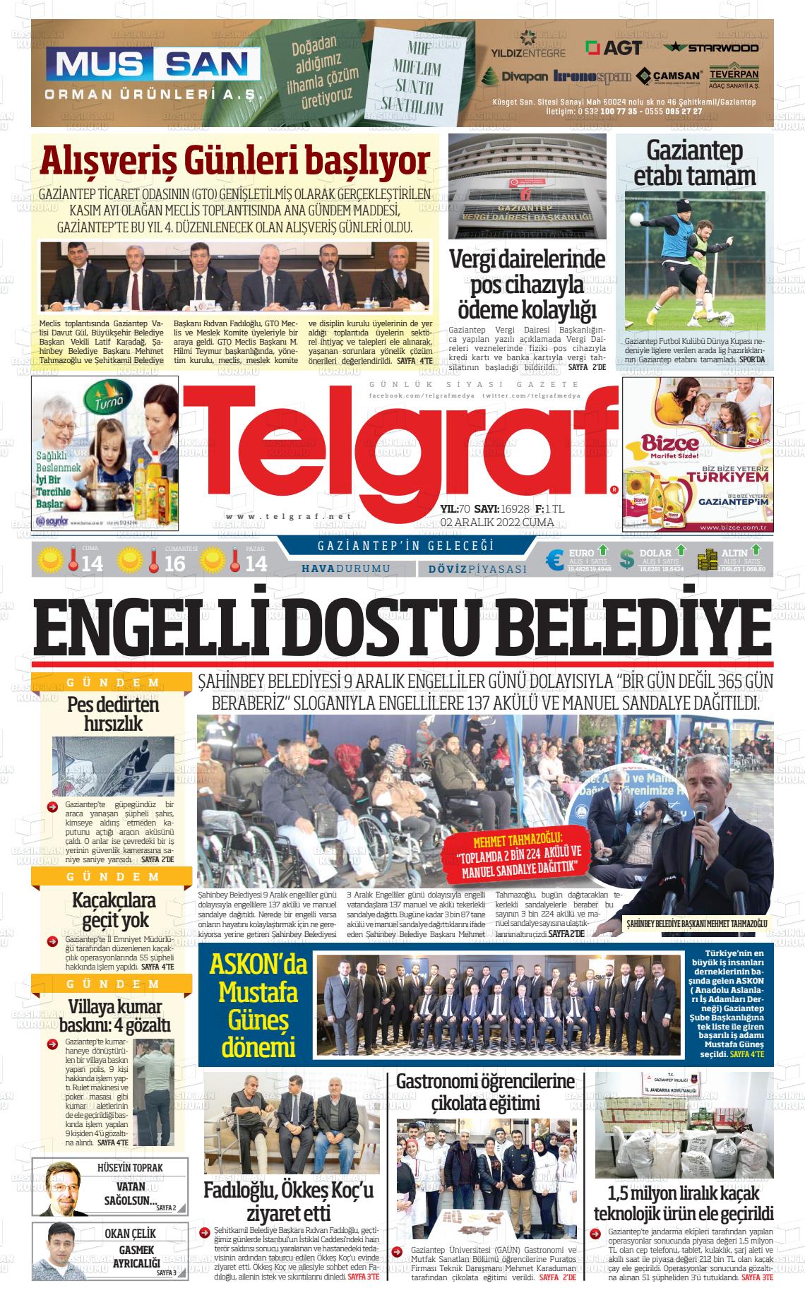 02 Aralık 2022 Telgraf Gazete Manşeti