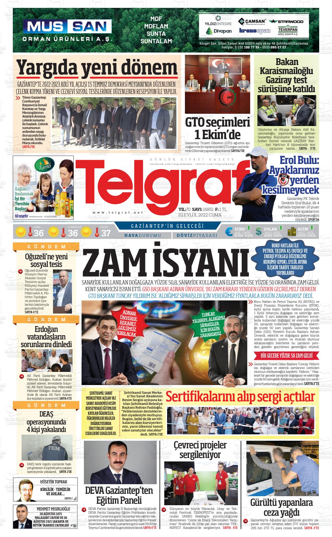 02 Eylül 2022 Telgraf Gazete Manşeti