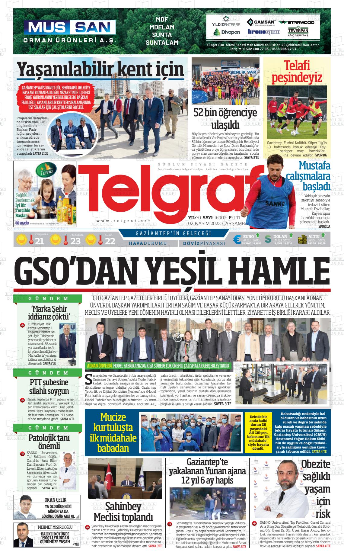 02 Kasım 2022 Telgraf Gazete Manşeti