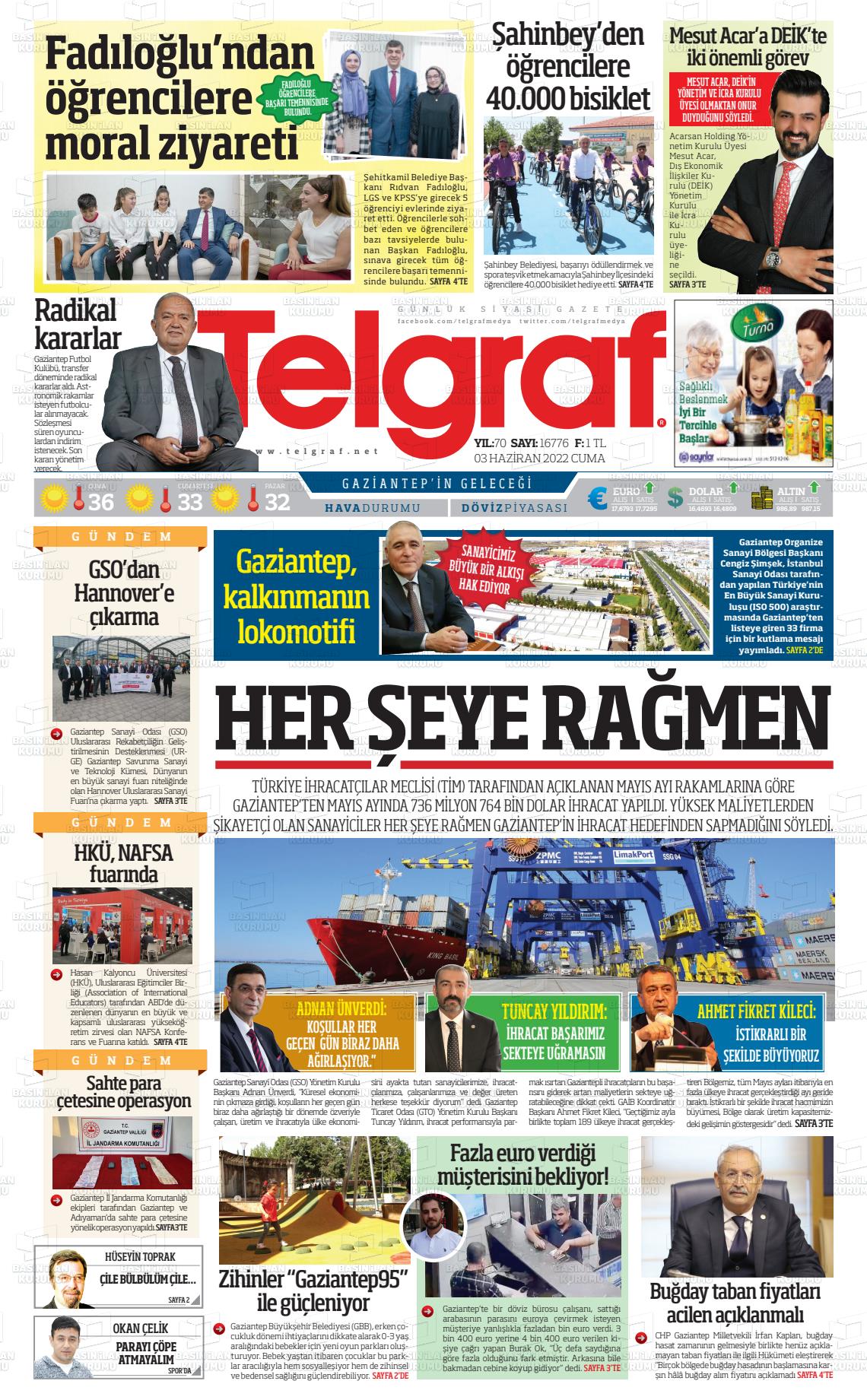 03 Haziran 2022 Telgraf Gazete Manşeti