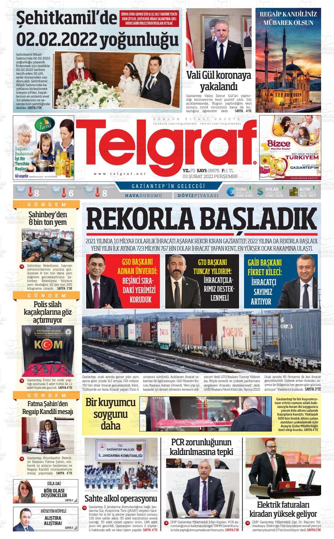 03 Şubat 2022 Telgraf Gazete Manşeti