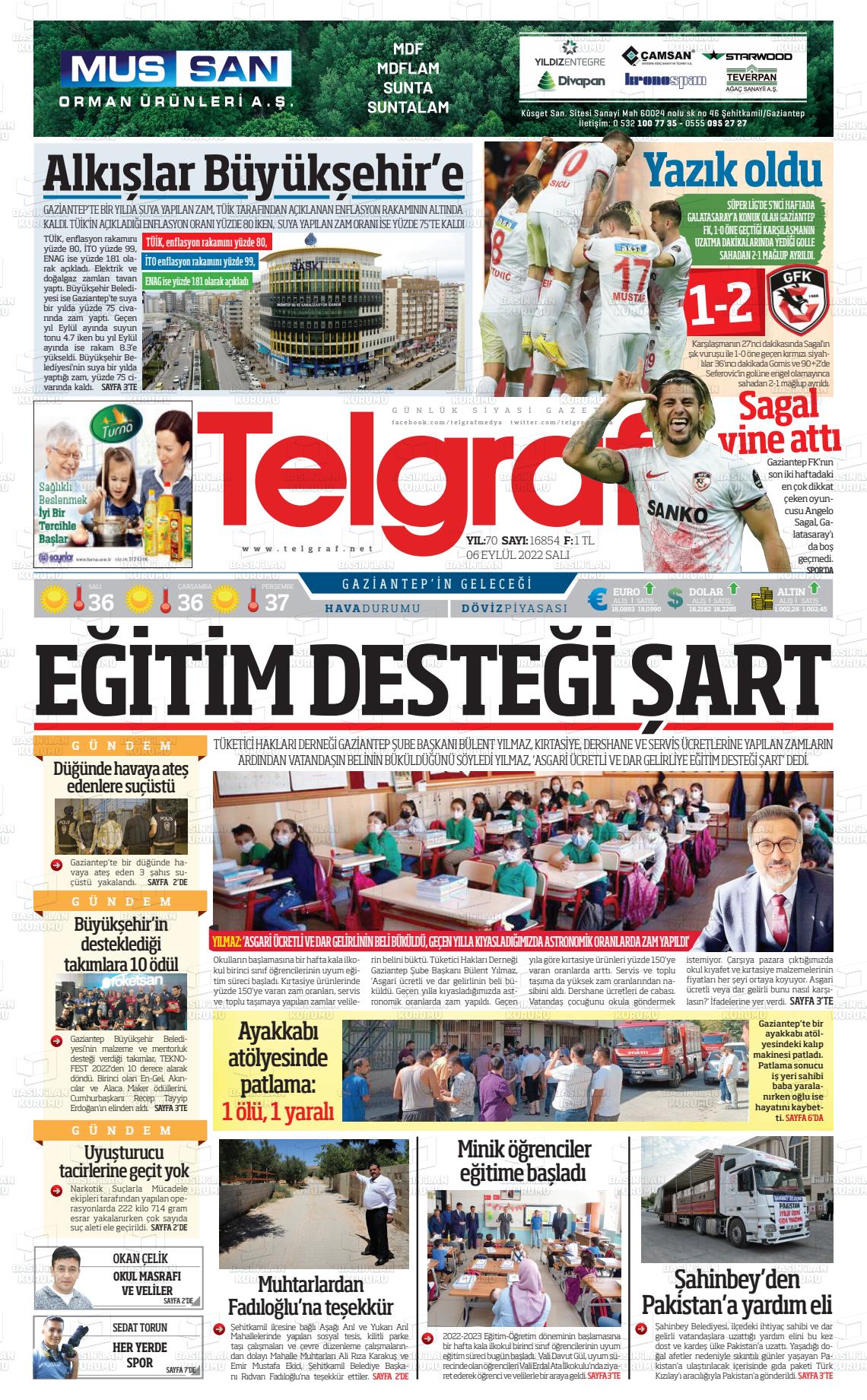 06 Eylül 2022 Telgraf Gazete Manşeti