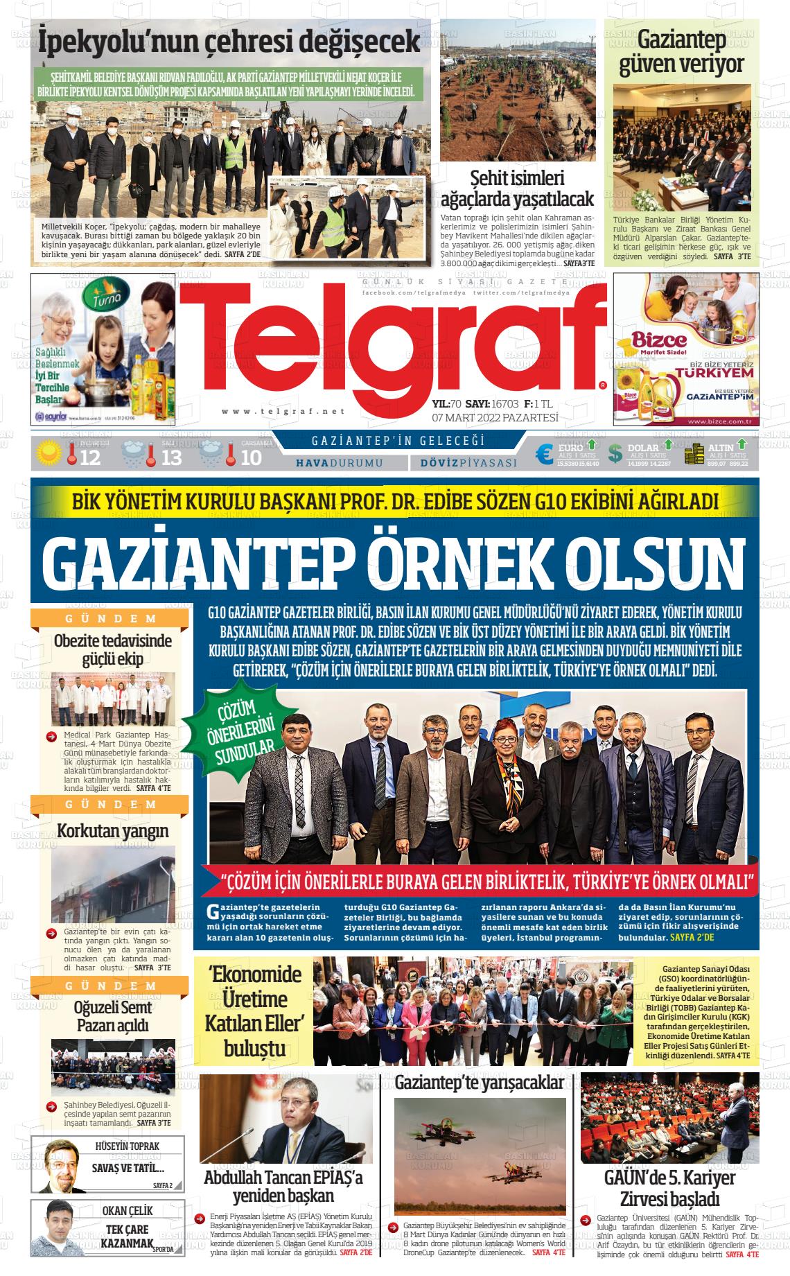 07 Mart 2022 Telgraf Gazete Manşeti