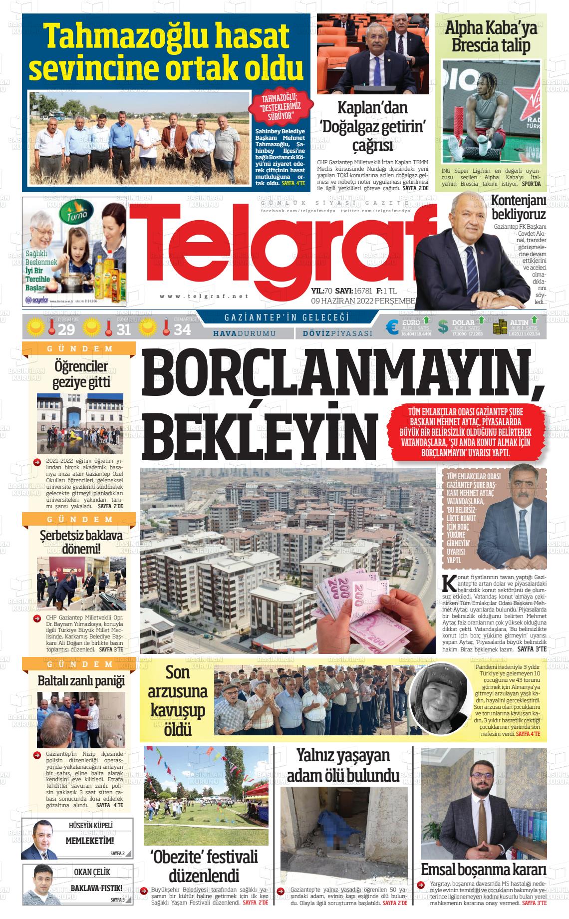 09 Haziran 2022 Telgraf Gazete Manşeti