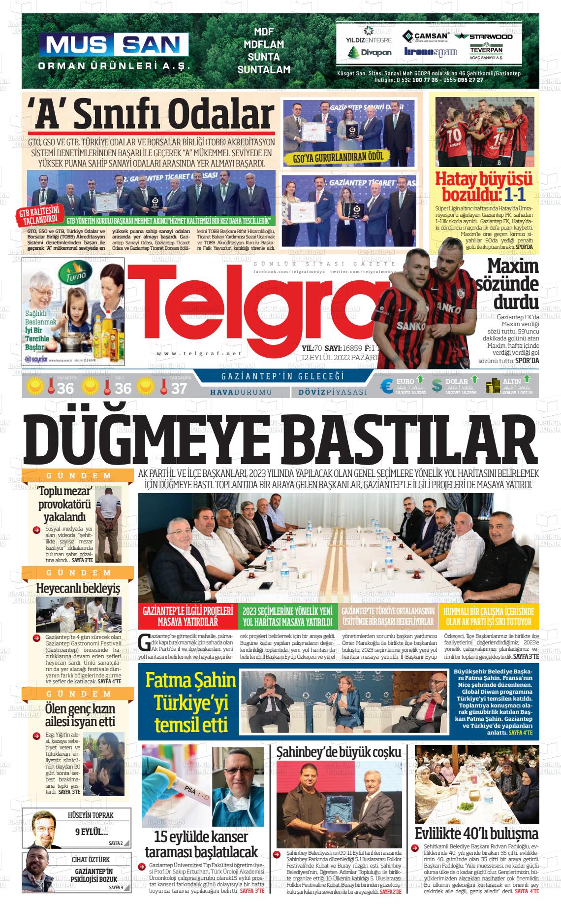 12 Eylül 2022 Telgraf Gazete Manşeti