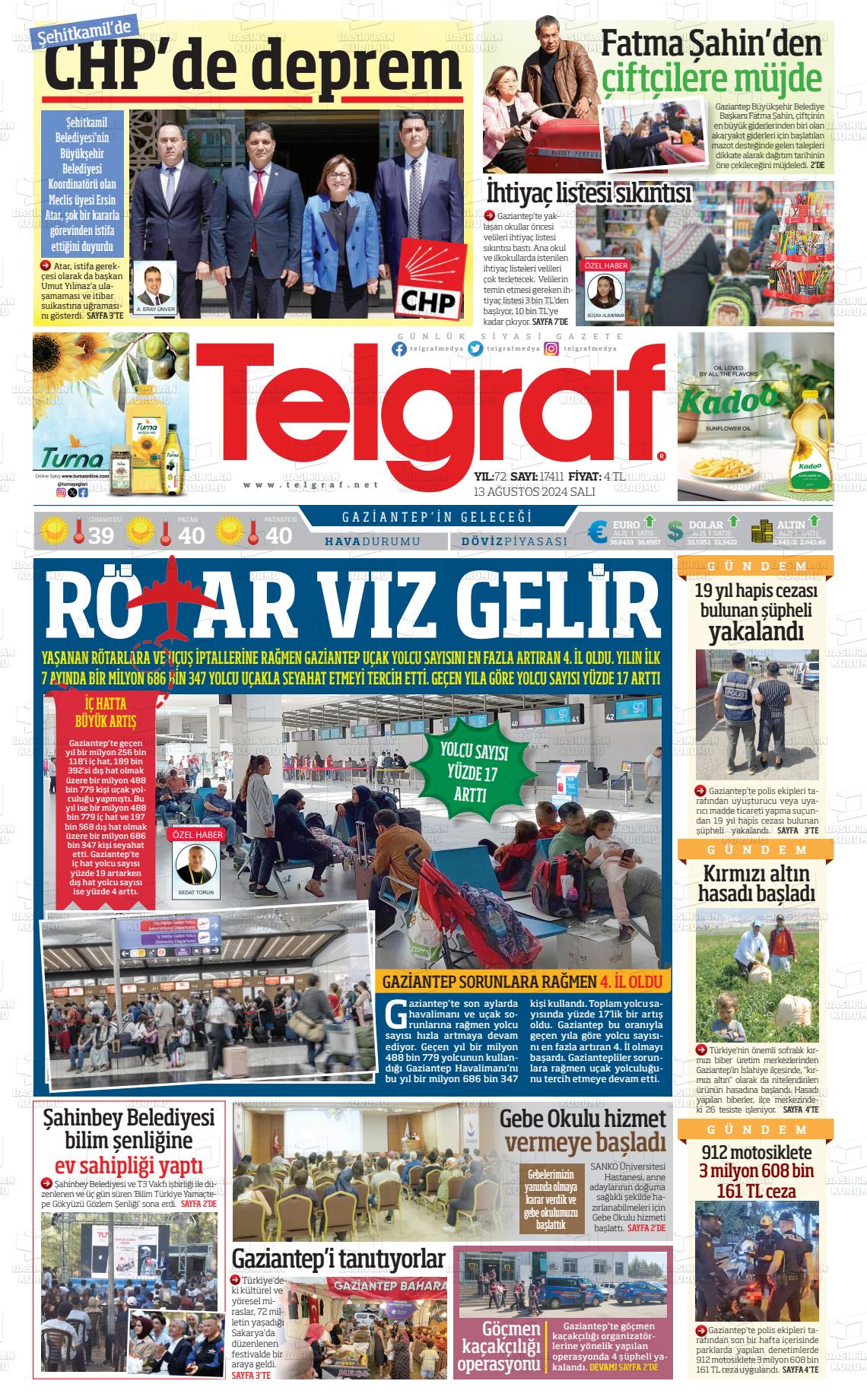 13 Ağustos 2024 Telgraf Gazete Manşeti