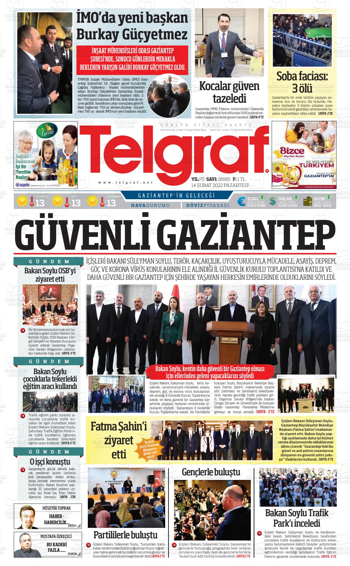 14 Şubat 2022 Telgraf Gazete Manşeti