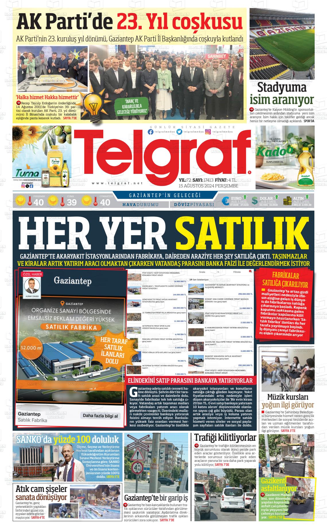 15 Ağustos 2024 Telgraf Gazete Manşeti