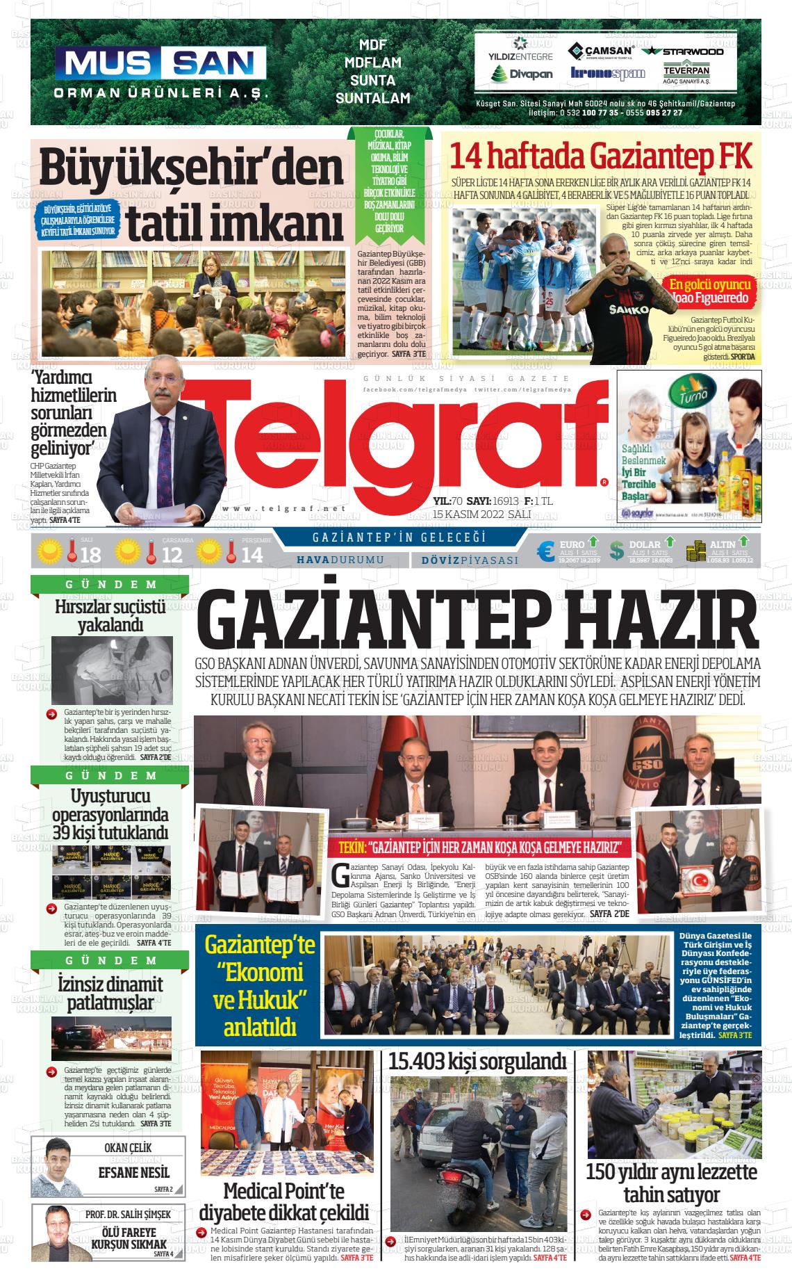 15 Kasım 2022 Telgraf Gazete Manşeti