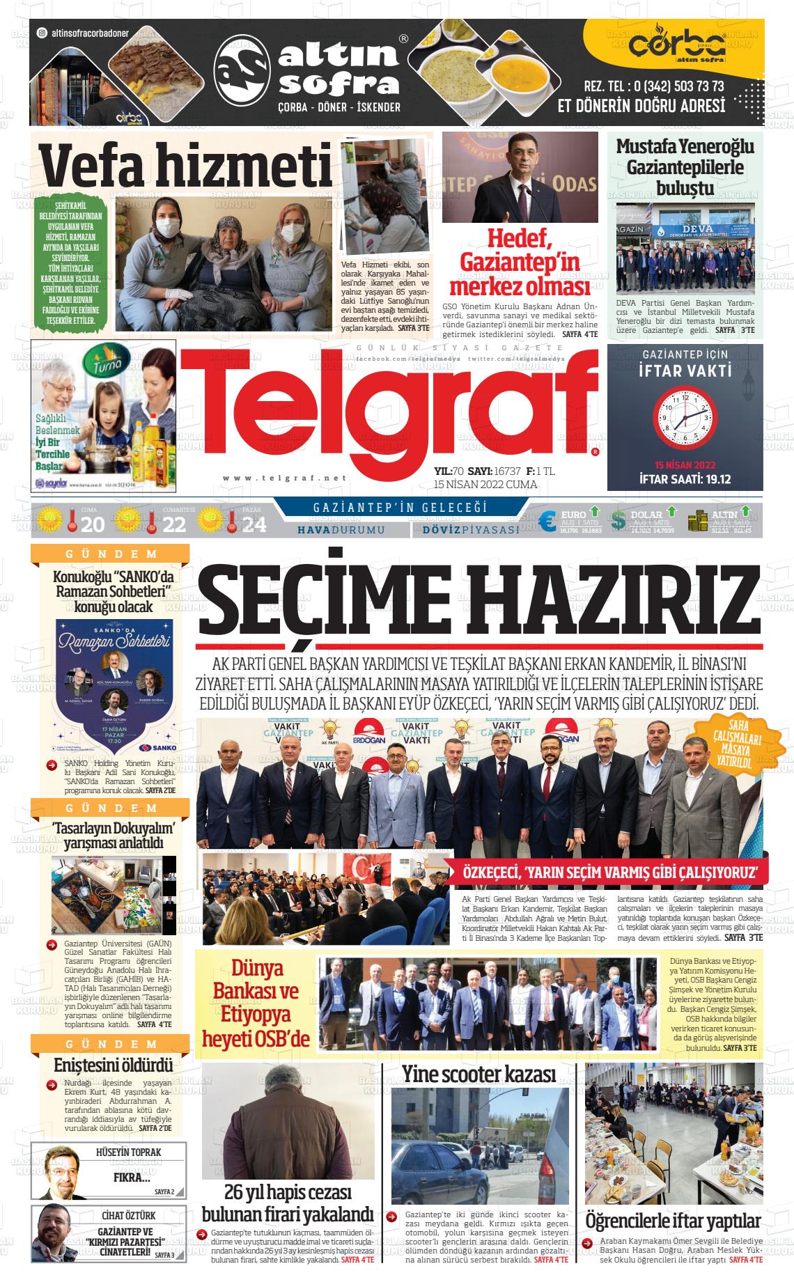 15 Nisan 2022 Telgraf Gazete Manşeti