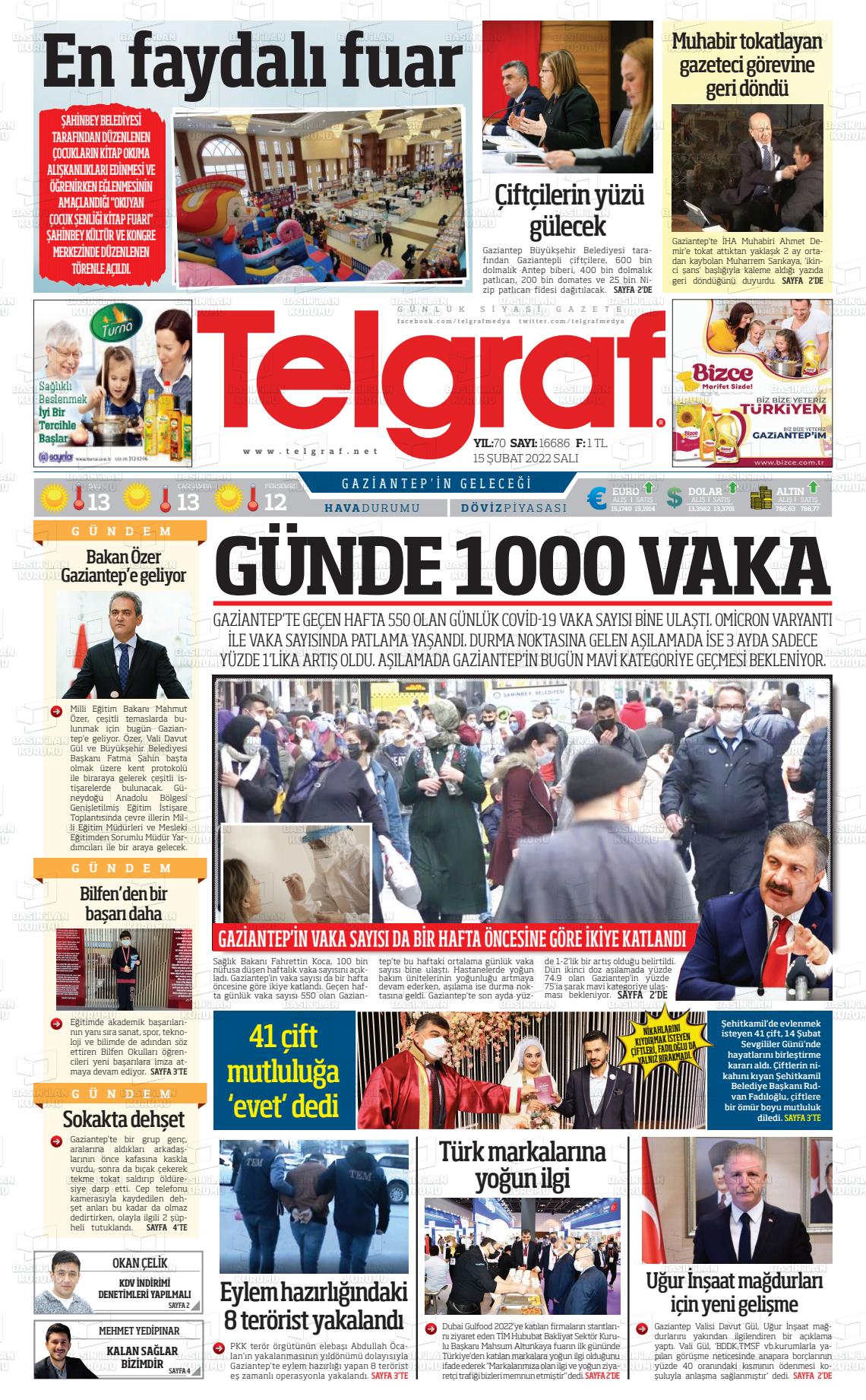 15 Şubat 2022 Telgraf Gazete Manşeti